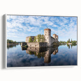 Vintage poster art of a scenic Finnish landscape on a framed canvas, featuring vibrant colorful details.