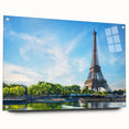 Acrylic print of Paris skyline in muted gray and blue tones, ideal for dining room art.