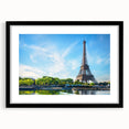 Extra large abstract art print of colorful Paris scenery, in a black frame with mat, ideal for living room decor.
