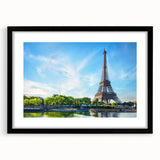 Extra large abstract art print of colorful Paris scenery, in a black frame with mat, ideal for living room decor.