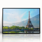 Large abstract wall art depicting a Parisian scene in muted gray and blue tones on a framed acrylic.