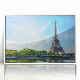 Mid-century modernist art of Paris scenery in muted tones, acrylic print framed in white, ideal for nursery wall art.