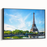 Black and white vintage poster art of Paris landscape on framed canvas, suitable for bedroom decor.