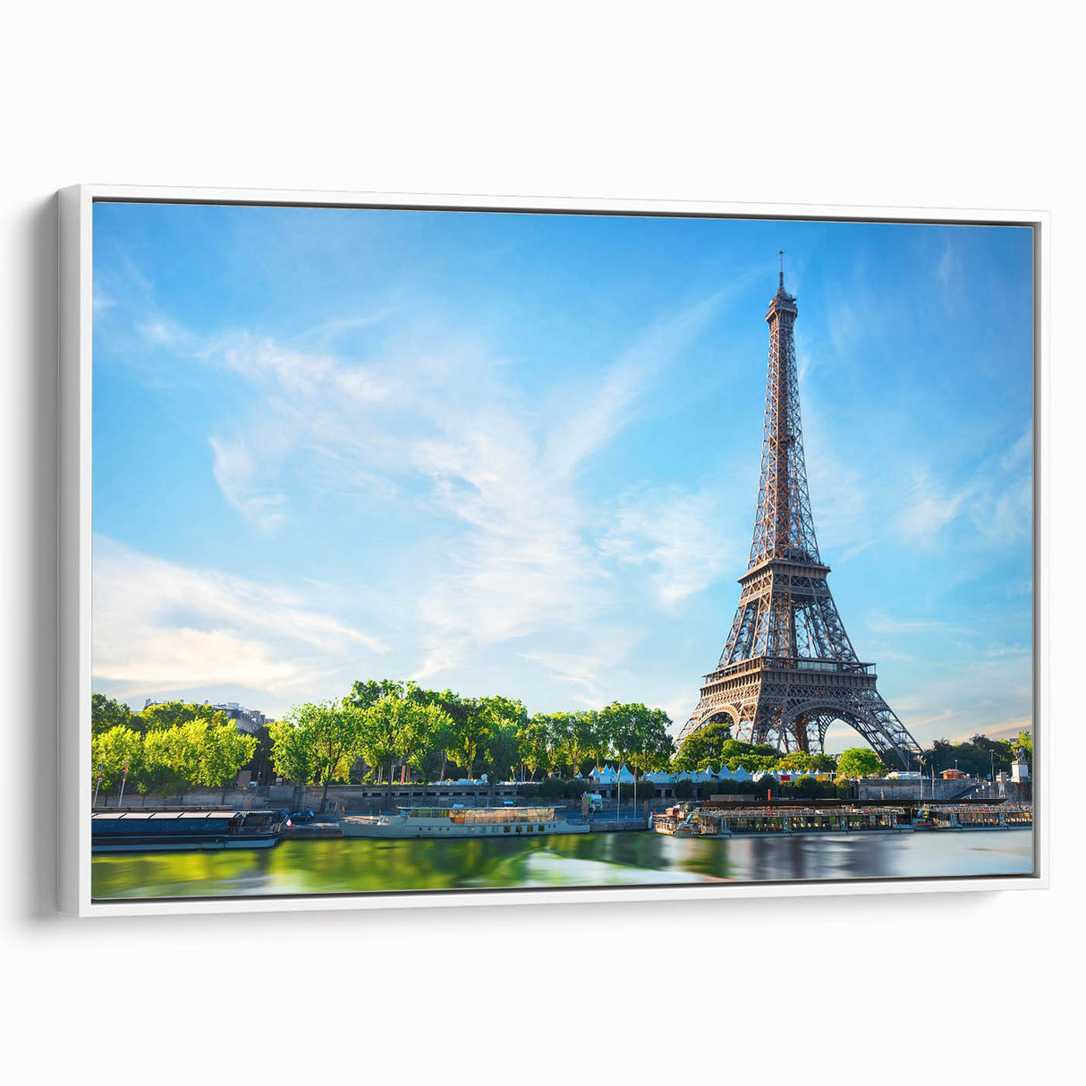 Vintage poster art of a Parisian scene in vibrant colors on a large framed canvas, ideal for living room decor.