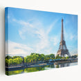 Paris skyline in muted gray and blue tones on a large stretched canvas, suitable for kitchen wall art.