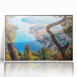 Mid-century modernist art of Provence scenery in muted earth tones on a framed acrylic, suitable for nursery wall art.