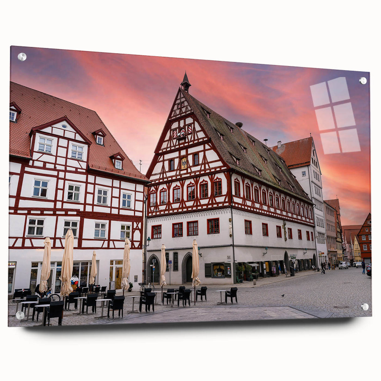 Acrylic print of a Bavarian landscape, featuring lush green fields and distant mountains, ideal for dining room decor.
