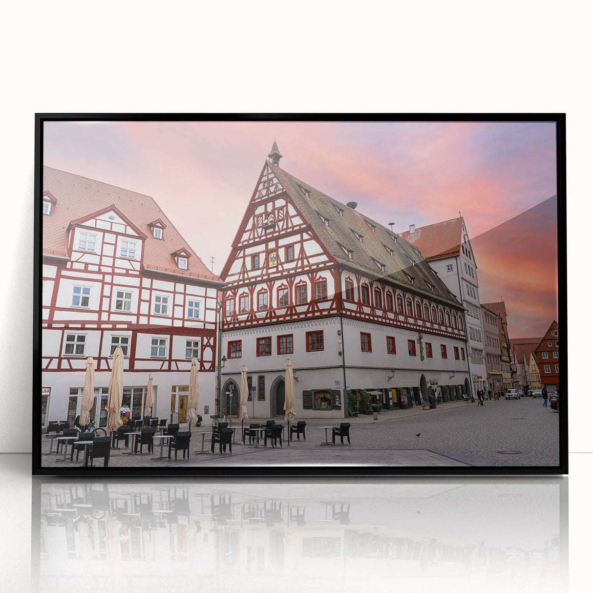 Large abstract wall art depicting a Bavarian landscape in muted earth tones, framed in black acrylic.