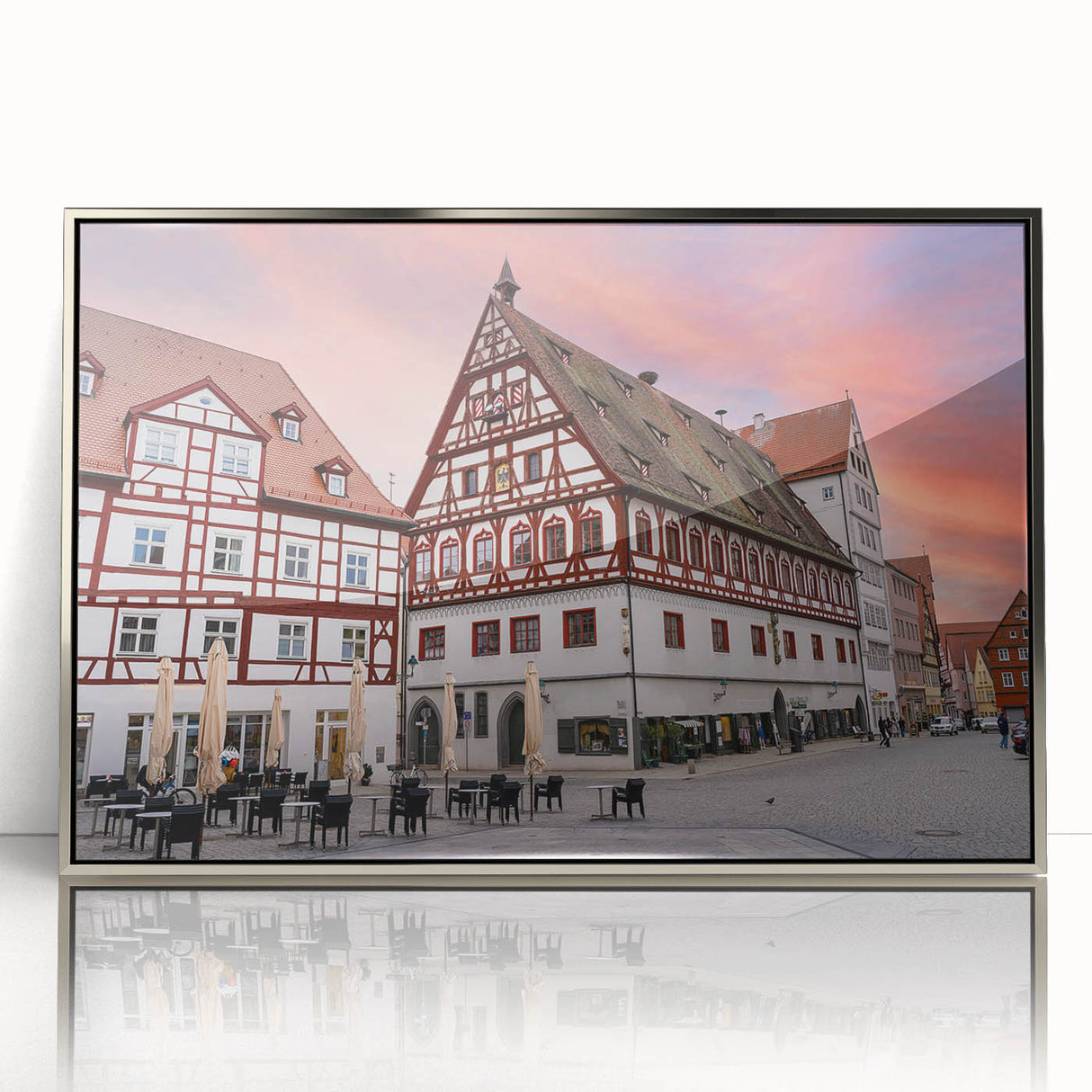 Large art print of a Bavarian landscape in muted green and blue tones, framed in silver acrylic.