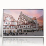 Mid-century modernist art depicting a Bavarian landscape in pastel shades on a white framed acrylic.