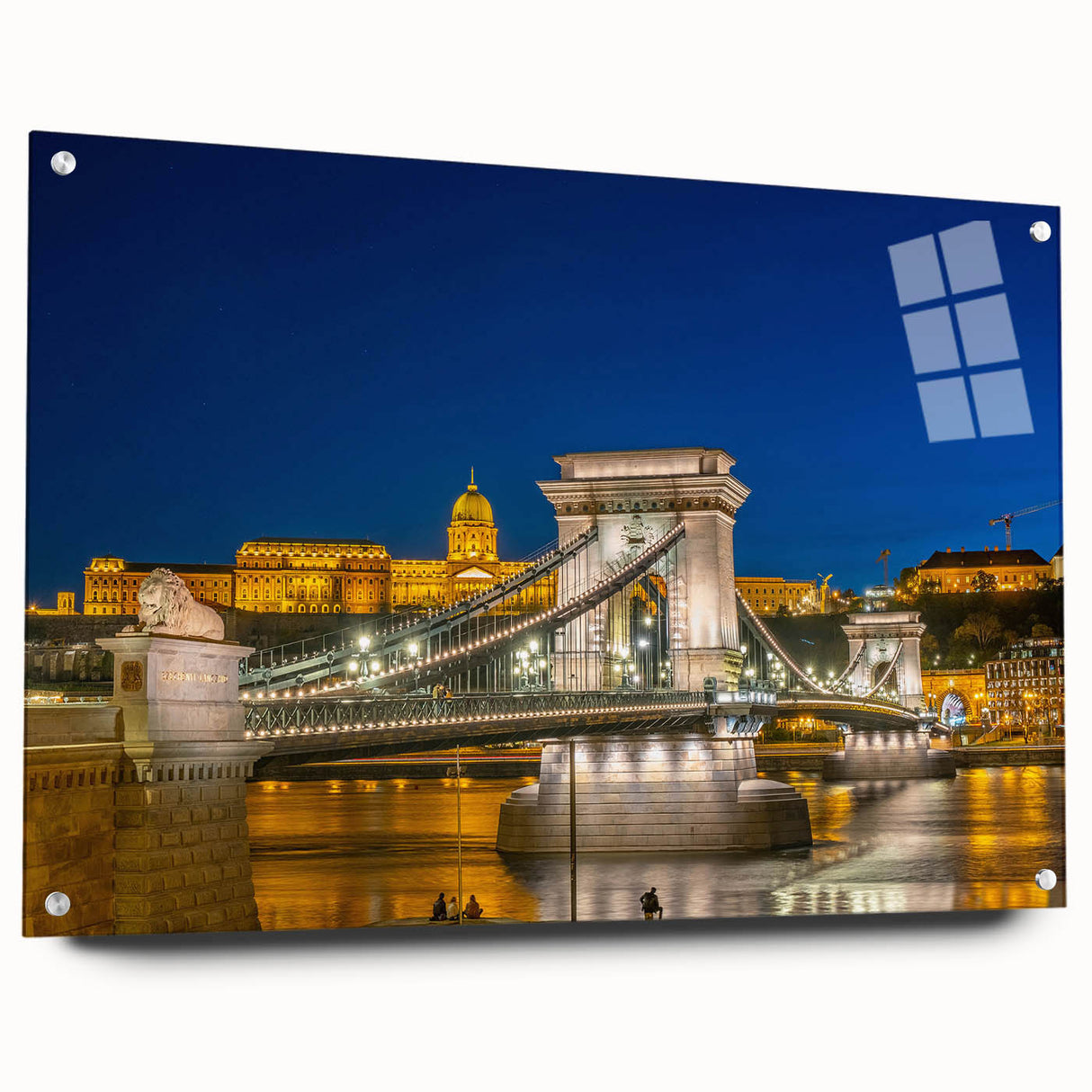 Acrylic print of a large abstract European cityscape in muted gray and blue tones, ideal for dining room decor.