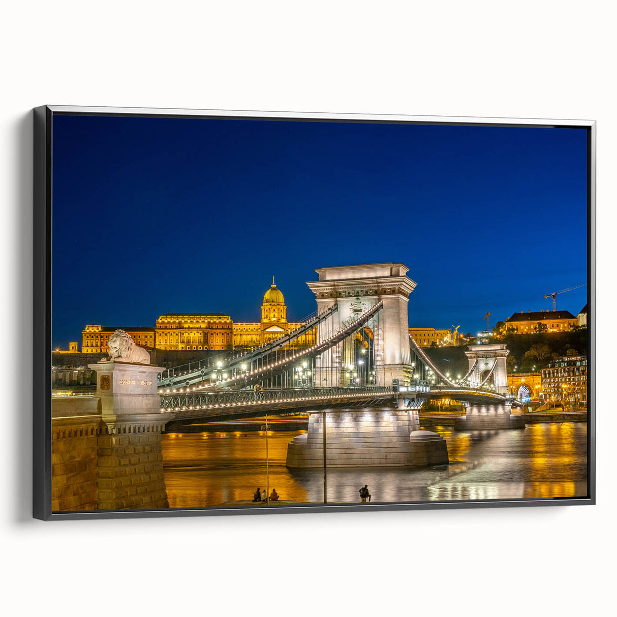 Black and white landscape art painting of a European scene on framed canvas, suitable for bedroom decor.