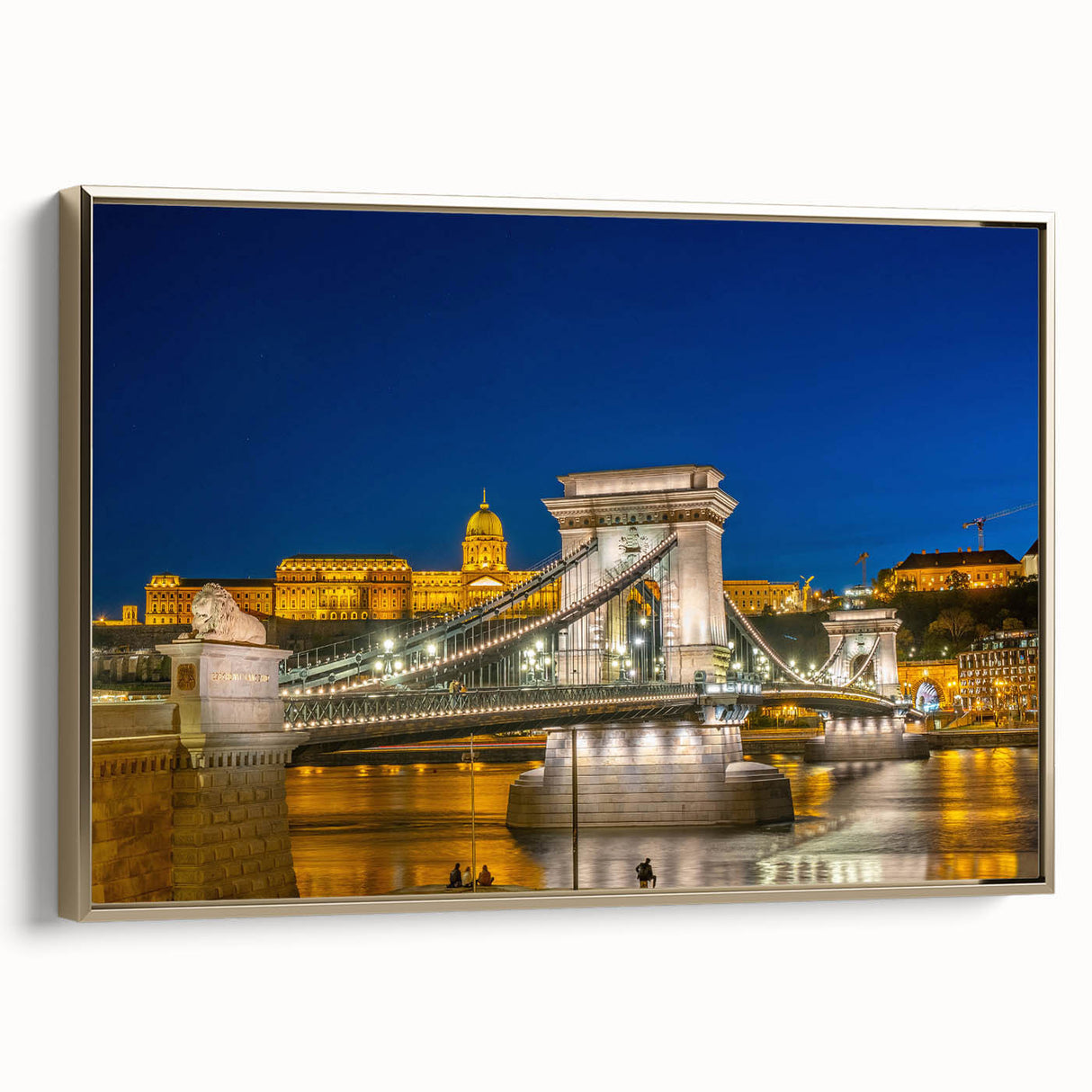 Framed canvas wall art depicting a vintage European landscape in black and gold tones, ideal for bedroom decor.