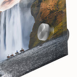 Large abstract wall art of an Icelandic landscape in muted gray and blue tones on acrylic glass.