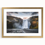 Abstract art print of a serene Icelandic landscape in muted blue and green tones, framed in gold.