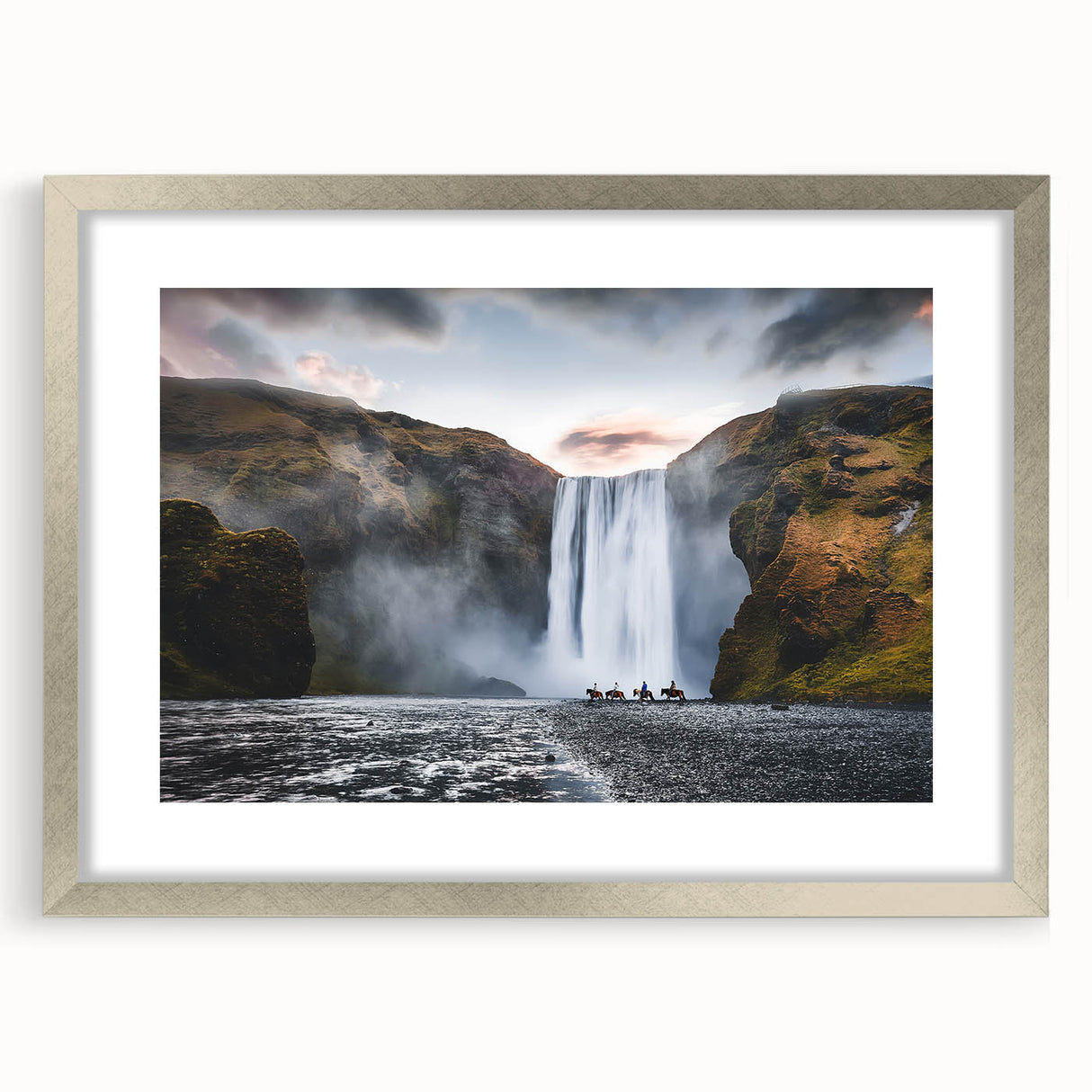 Extra large abstract art print of Icelandic scenery in muted blues and grays, framed in silver, ideal for living room decor.