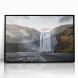 Large abstract wall art depicting a serene Icelandic landscape in muted earth tones, framed in black acrylic.
