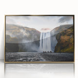 Art deco poster of a serene Iceland landscape with muted blue and green tones, framed in gold acrylic.