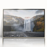 Large art print of a serene Icelandic landscape in muted blue and green tones on a framed acrylic.