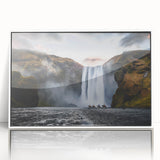 Mid-century modernist art depicting a serene Icelandic landscape in muted gray and blue tones on a framed acrylic print.