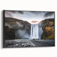 Black and white wall art featuring a vintage poster-style landscape of Iceland, ideal for bedroom decor.