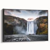 Black and white wall art featuring a vintage poster-style landscape of Iceland, ideal for bedroom decor.