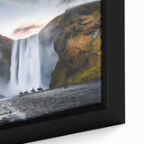 Extra large framed canvas featuring a textured black wall art with colorful Icelandic scenery, ideal for living room decor.
