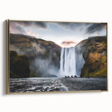 Framed canvas featuring a vintage-style Icelandic landscape in muted gold and black tones, suitable for bedroom wall art.
