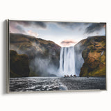 Framed canvas of a European Icelandic landscape in muted gray and black tones with colorful accents.
