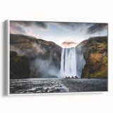 Vintage poster art of an Icelandic landscape on a framed canvas, featuring a black and colorful palette.