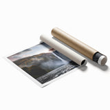 Extra large rolled print of a serene Icelandic landscape, featuring muted greens and blues.