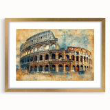 Abstract art print of Rome's landscape in muted gold and cream tones, framed with a gold mat, suitable for dining room decor.