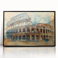 Large abstract wall art depicting a stylized Rome scenery in muted earth tones, framed in black acrylic.
