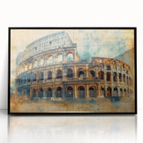 Large abstract wall art depicting a stylized Rome scenery in muted earth tones, framed in black acrylic.