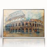 Mid-century modernist art of Rome's skyline in muted earth tones, framed acrylic, ideal for modern art wall decor.