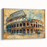 Framed canvas landscape art painting of Rome with colorful and black vintage poster elements, ideal for living room decor.