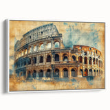 Vintage poster art of Rome with colorful imagery on extra large framed canvas, ideal for living room decor.