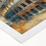 Art deco poster of Rome with bold geometric shapes in muted earth tones, printed on rolled canvas.