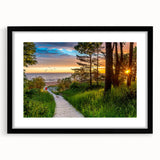 Abstract art print featuring vibrant, colorful textures of a European scenery on a large black framed canvas.