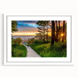 Textured art print depicting a muted abstract landscape, framed in white, suitable for bedroom decor.