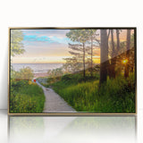 Art deco poster of a European cityscape in muted gold and blue tones on framed acrylic, ideal for modern art wall decor.