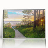 Mid-century modernist art depicting a European cityscape in Latvia, using muted earth tones on a framed acrylic.