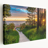 Side view of a stretched canvas depicting a scenic European landscape in muted earth tones, suitable for kitchen wall art.