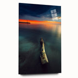 Acrylic print of a large abstract depiction of a European scenery in cool blue and gray tones.