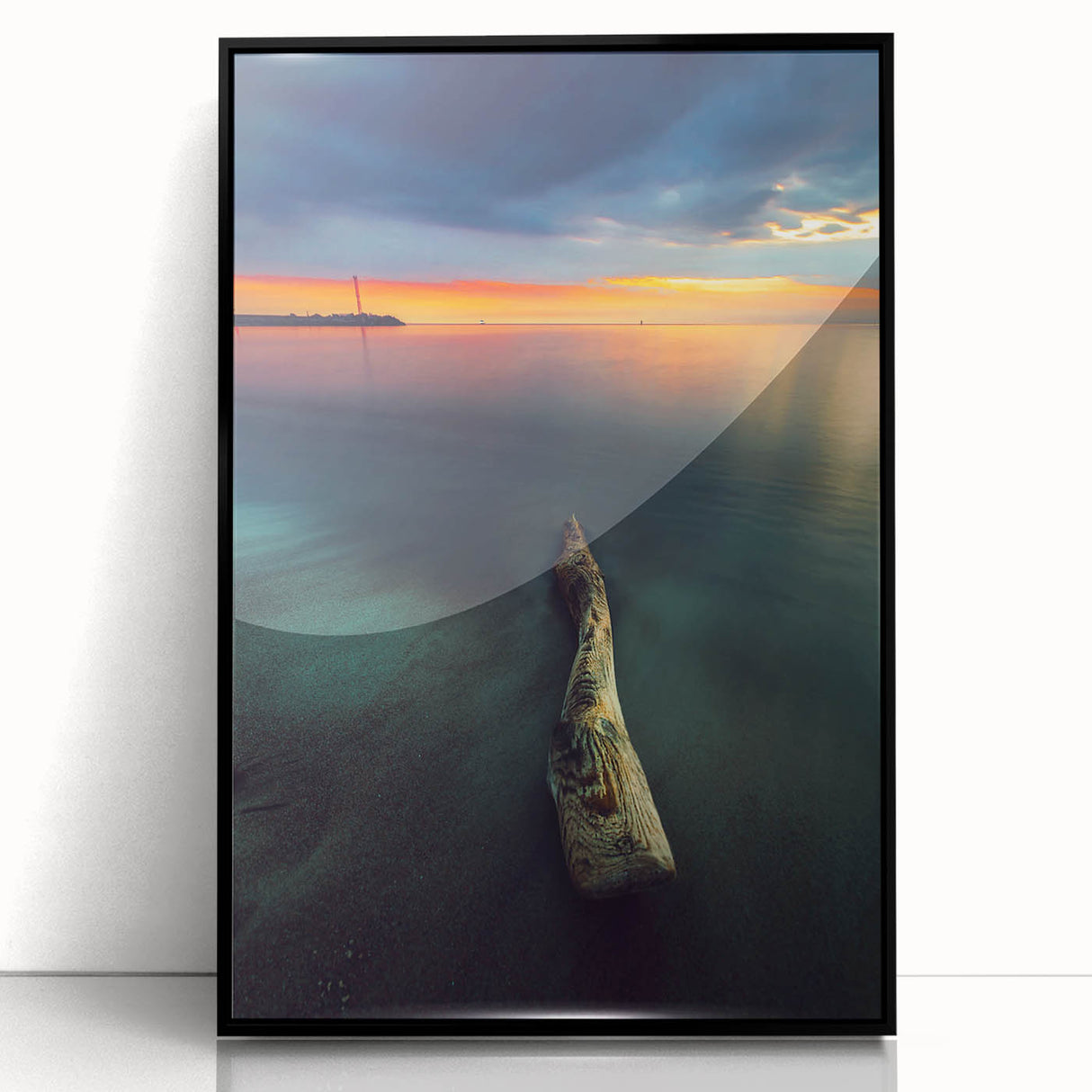 Large abstract wall art of a European Lithuanian scenery in muted earth tones, framed in black acrylic.