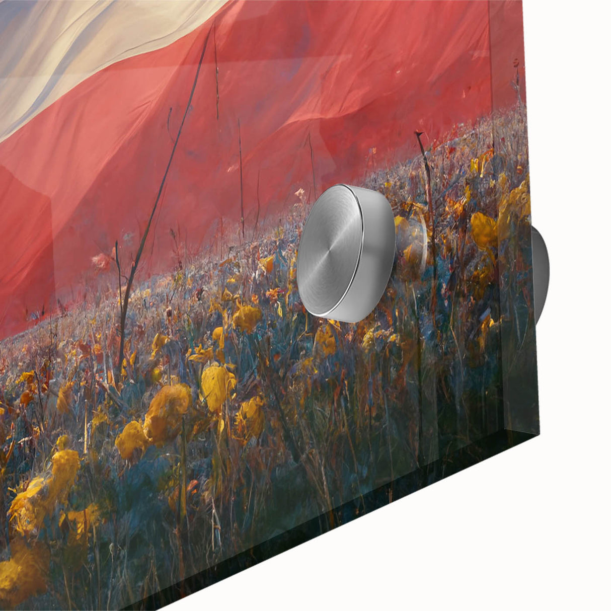 Large abstract wall art depicting a European scenery in muted earth tones on acrylic glass.