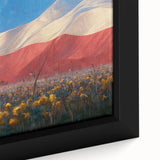 Close-up of a black wall art featuring a textured, colorful European scenery on a framed canvas, ideal for living room decor.