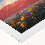 Art deco poster of a vibrant, stylized European cityscape on rolled canvas, ideal for dining room decor.