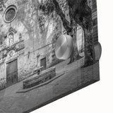 Large abstract wall art depicting a Barcelona cityscape in muted earth tones on acrylic glass.