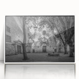 Mid-century modernist art depicting Barcelona scenery in muted colors on a framed acrylic, ideal for modern art wall decor.